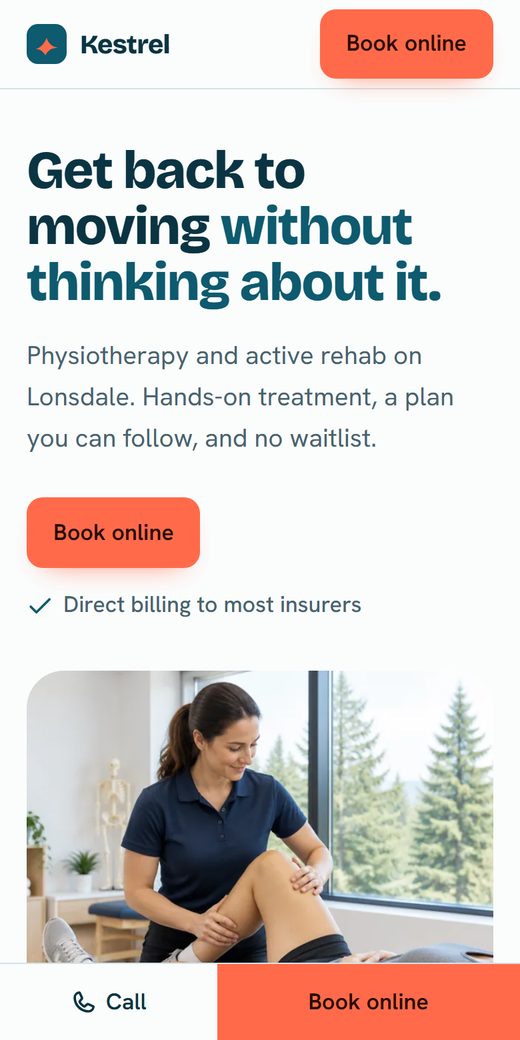 Phone view of the Kestrel Physio & Movement demo site.