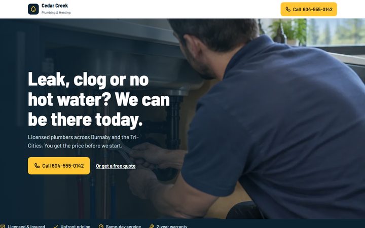 Homepage of Cedar Creek Plumbing & Heating, a demo site for a fictional plumber: a plumber working under a sink, the headline 'Leak, clog or no hot water? We can be there today.' and a yellow call button.